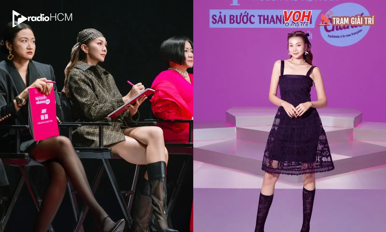 Thanh Hằng cầm tay chỉ việc cho thí sinh trước khi đến sàn runaway liên hoàn