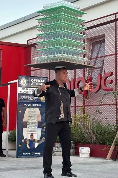 Cypriot-balances-511-wine-glasses-on-his-head