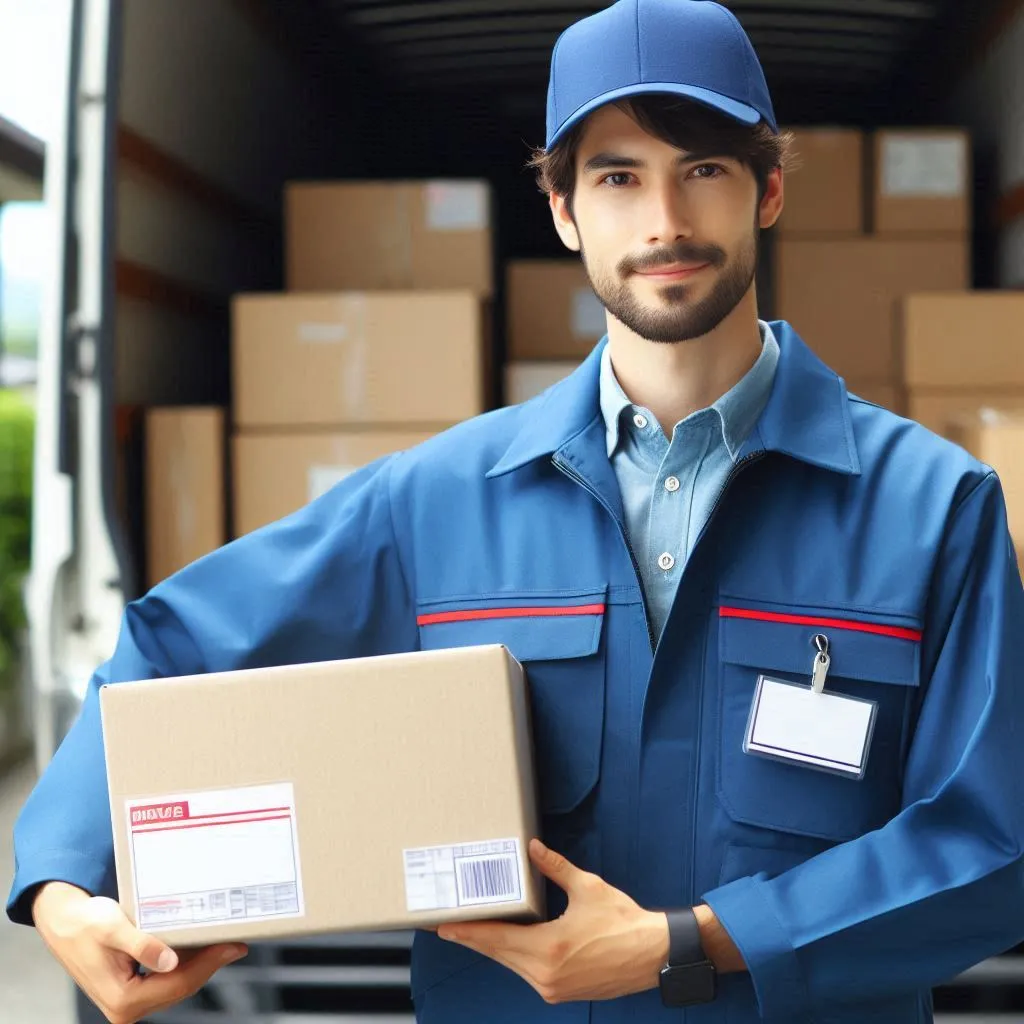 shipper wearing blue uniform delivering goods