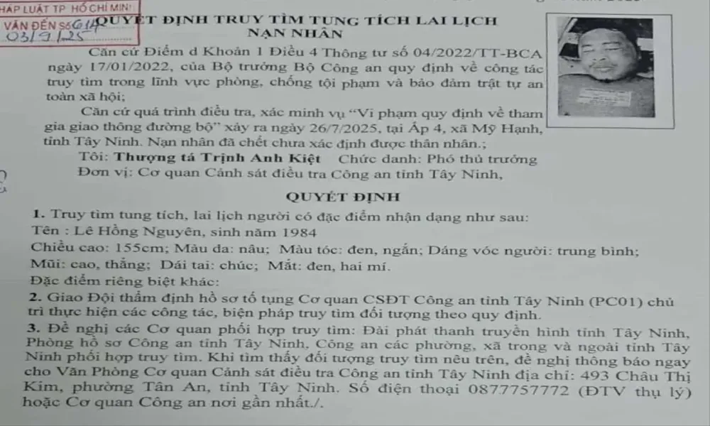 Công an Tây Ninh phát thông báo truy tìm lai lịch người tử vong trong vụ tai nạn