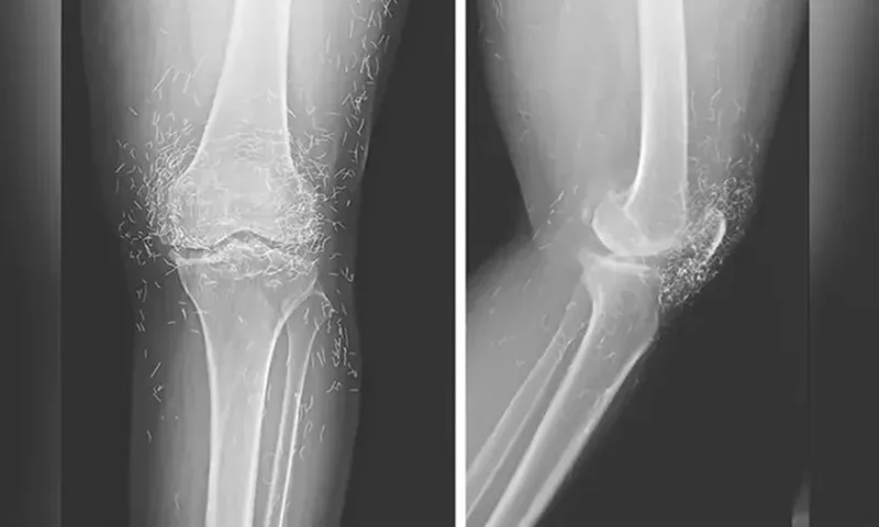 Tìm thấy các sợi chỉ vàng trong đầu gối của một phụ nữ