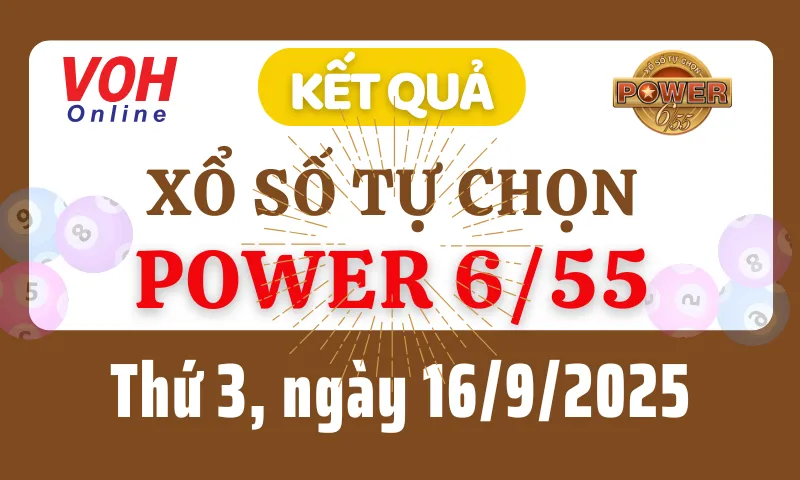 Vietlott POWER 655 16/9 - Kết quả xổ số Vietlott hôm nay thứ 3 16/9/2025