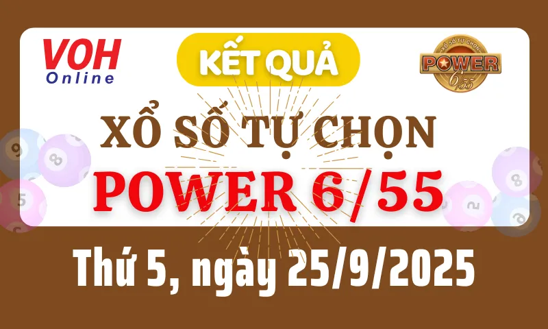 Vietlott POWER 655 25/9 - Kết quả xổ số Vietlott hôm nay thứ 5 25/9/2025