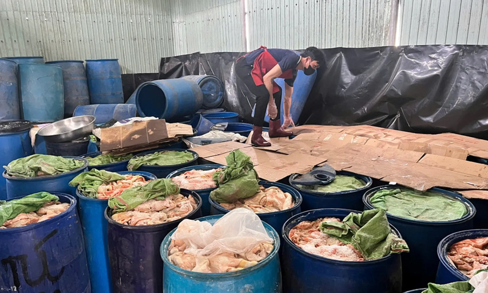 Hàng trăm thùng da heo, mỡ heo bốc mùi hôi thối tại một cơ sở sản xuất lạp xưởng