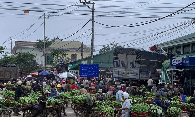 Ô tô tải lao sang khu vực bán chuối trước chợ Tân Long ở ngã ba quốc lộ 9 - tỉnh lộ 586