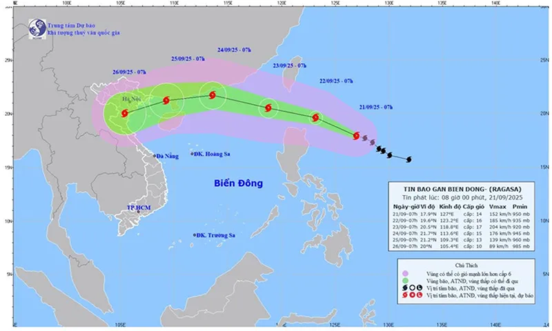 Bản đồ dự báo quỹ đạo và cường độ bão số 9 phát lúc 8 giờ ngày 21 9 - Ảnh Trung tâm Dự báo khí tượng thủy văn quốc gia
