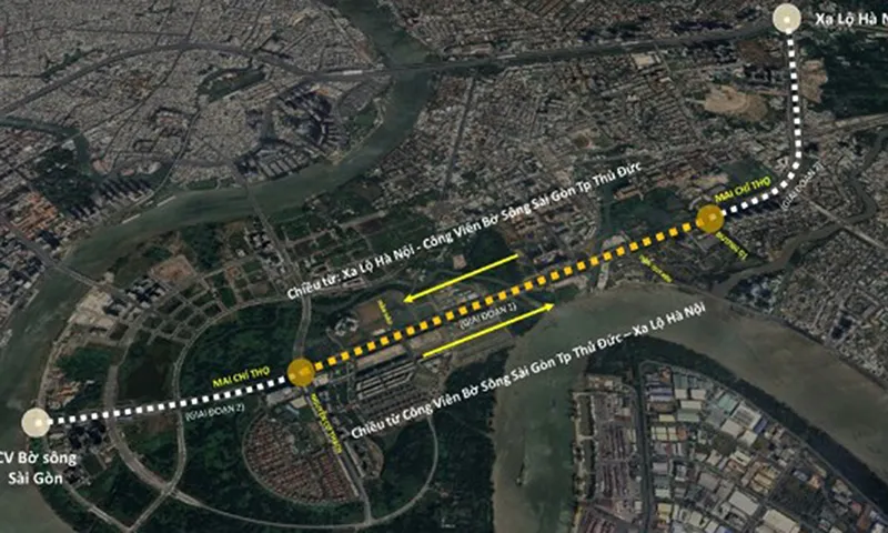 Sơ đồ tuyến làn ưu tiên xe đạp trên đường Mai Chí Thọ, TPHCM