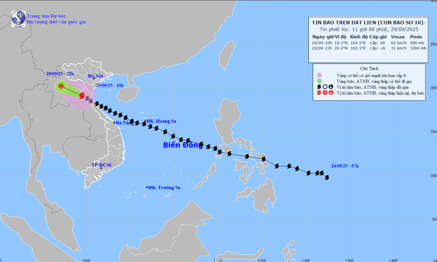 Bão số 10 khả năng suy yếu tối 29/9, nguy cơ mưa lũ và sạt lở vẫn cao 
