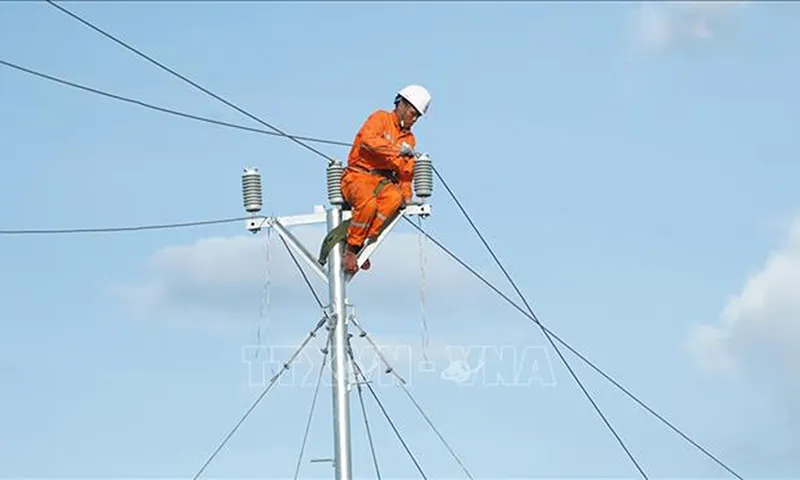 Cán bộ Công ty điện lực Hà Tĩnh sửa chữa đường dây bị hư hỏng do bão số 10 - Ảnh TTXVN