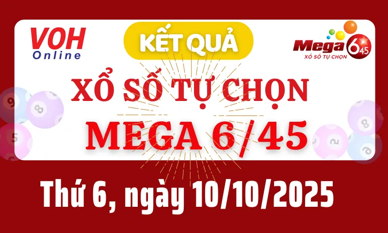 Vietlott MEGA 645 10/10 - Kết quả xổ số Vietlott hôm nay thứ 6 10/10/2025