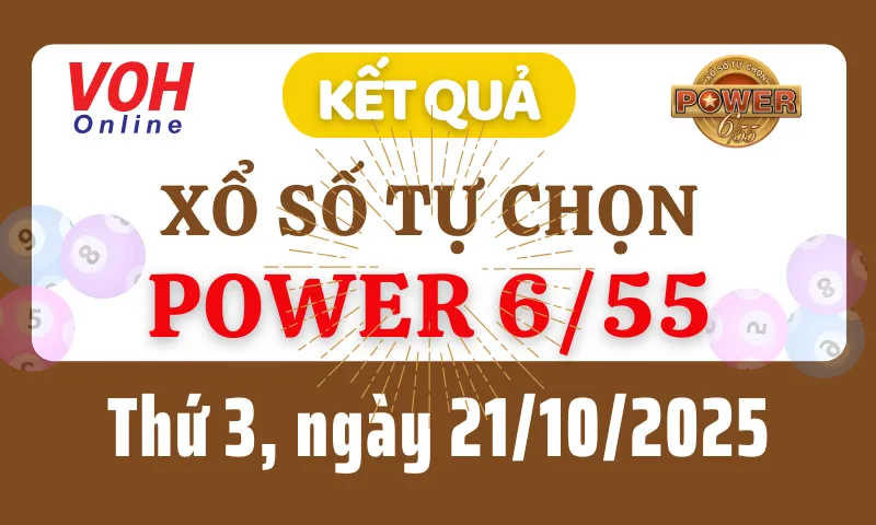 Vietlott POWER 655 21/10 - Kết quả xổ số Vietlott hôm nay thứ 3 21/10/2025