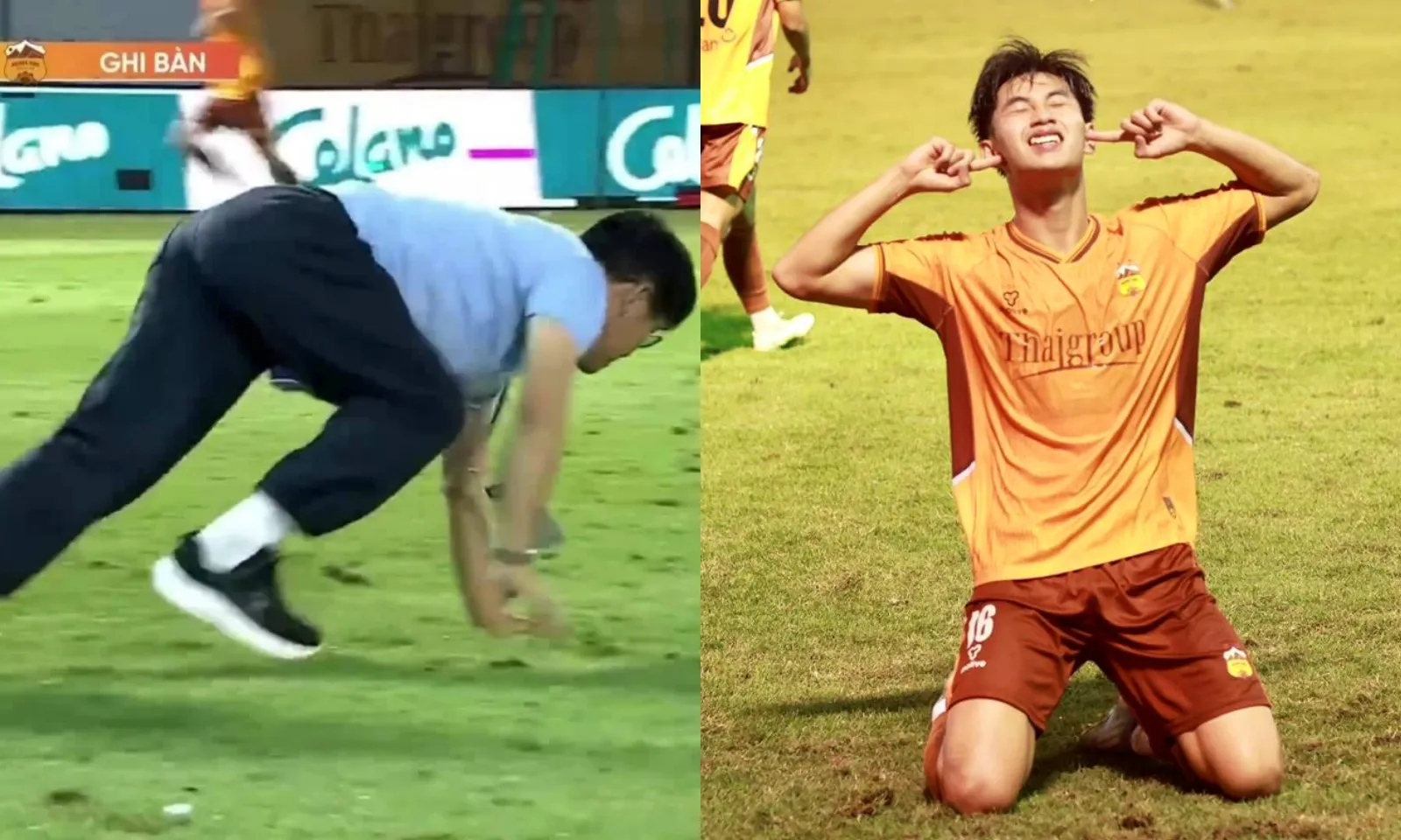 HLV Hoàng Anh Gia Lai bò trên sân ăn mừng bàn thắng phút 90+10