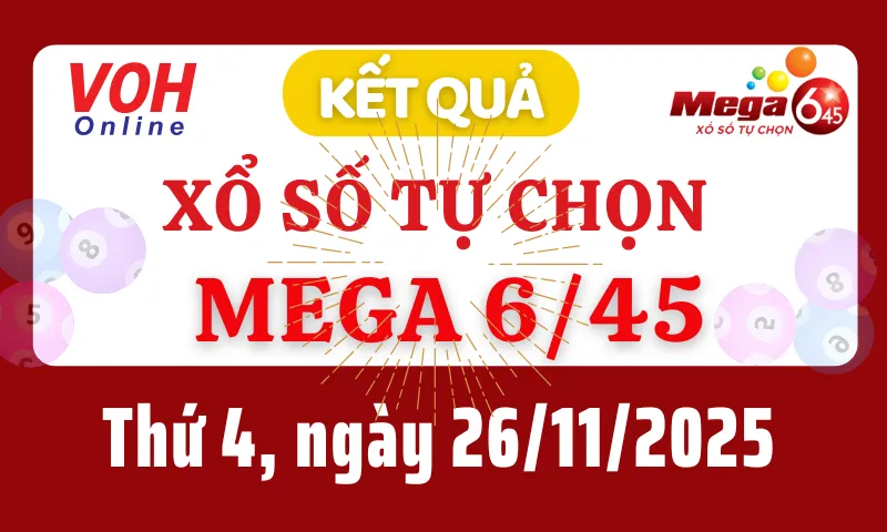 Vietlott MEGA 645 26/11 - Kết quả xổ số Vietlott hôm nay thứ 4 26/11/2025