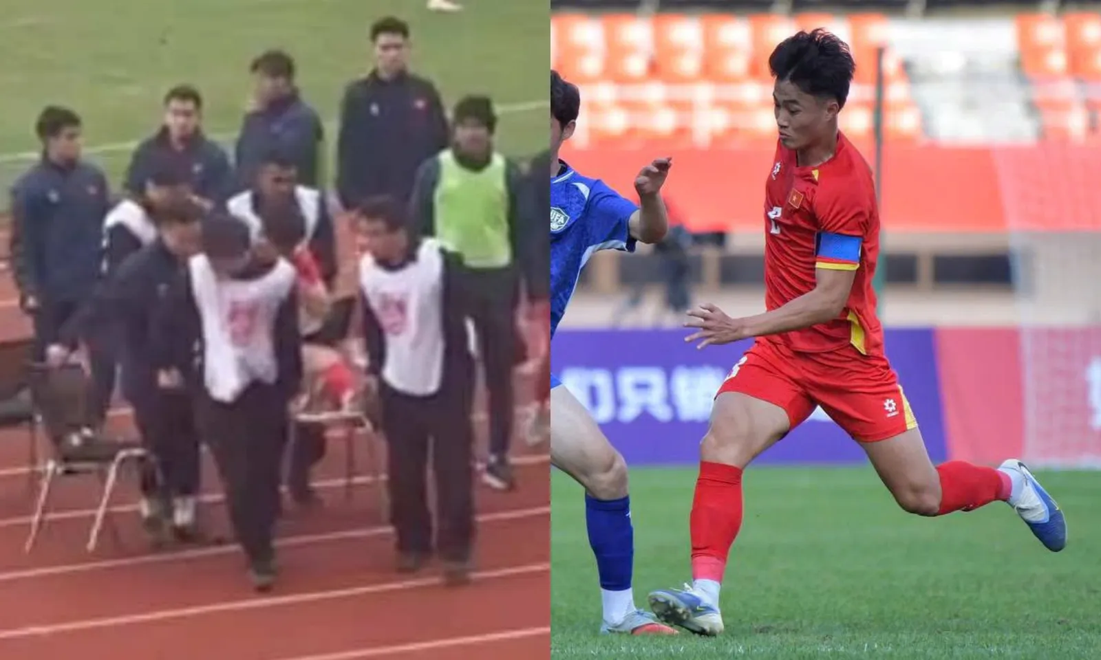 Đội trưởng U22 Việt Nam nằm cáng rời sân trong trận thua U22 Hàn Quốc