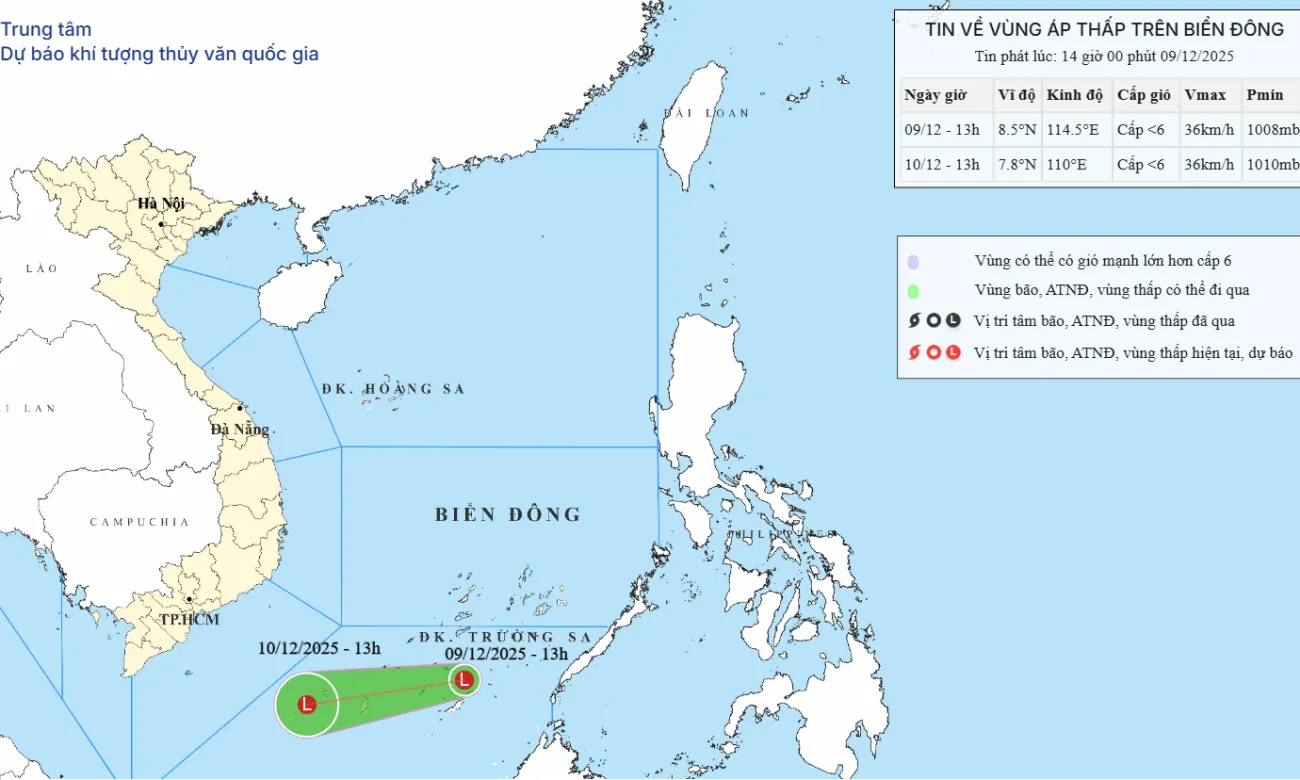 Vùng áp thấp mới xuất hiện ở nam Biển Đông, mưa lớn dồn dập Nam Trung Bộ