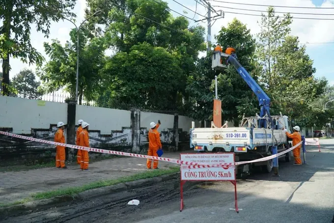 HINH MINH HOA - CONG NHAN NGANH DIEN TPHCM TIA NHANH CAY DE DAM BAO AN TOAN LUOI DIEN MUA MUA BAO - 11112025