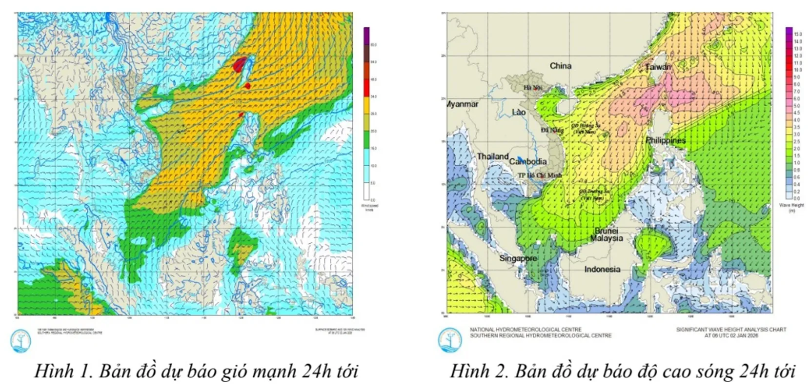 Bản đồ dự báo gió mạnh và sóng lớn 24 giờ tới