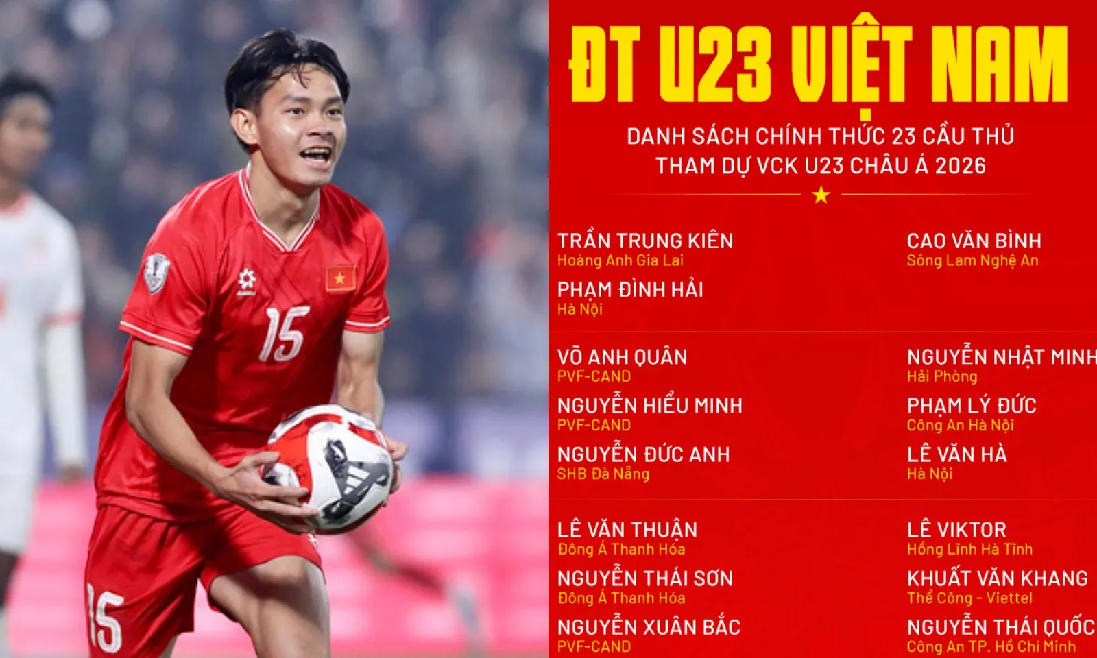Chốt danh sách U23 Việt Nam dự VCK U23 châu Á 2026: Nỗi buồn hàng công | Tin vui Thanh Nhàn