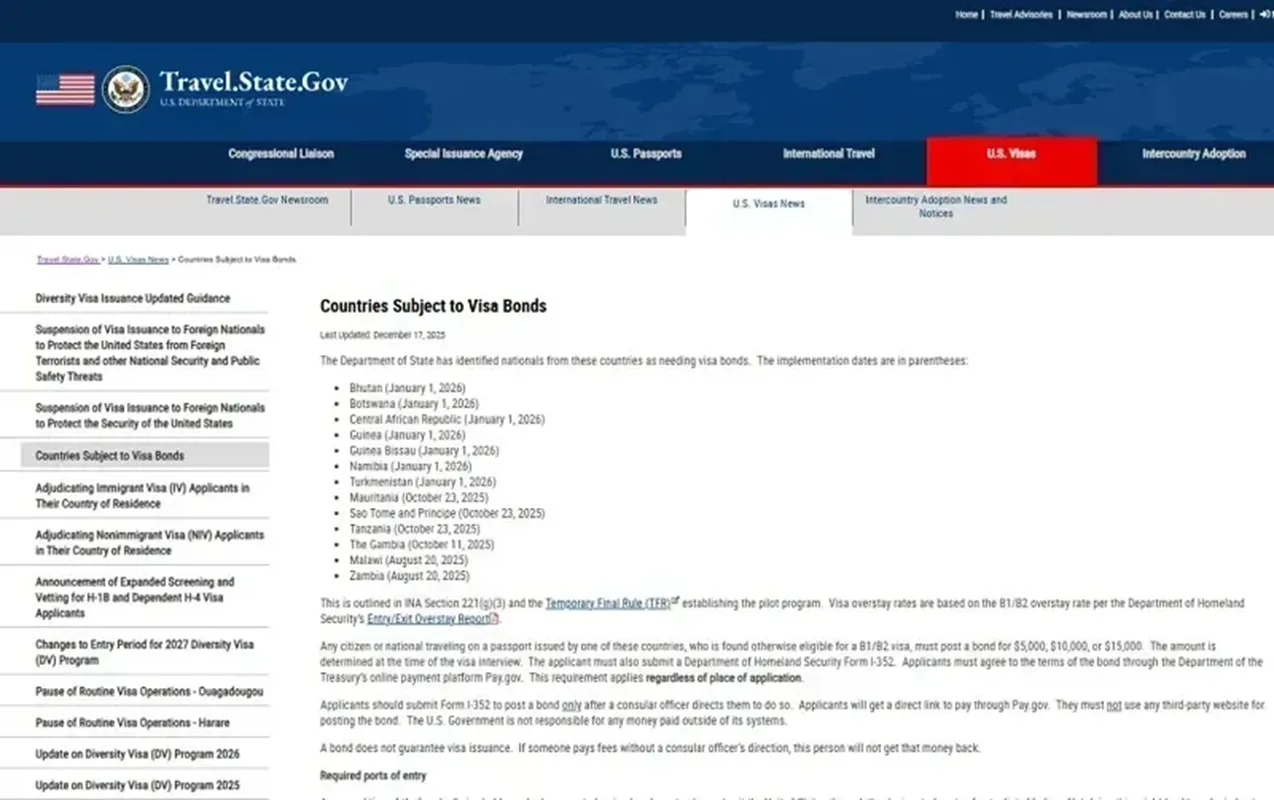 Thêm 7 quốc gia bị Hoa Kỳ đưa vào danh sách phải nộp khoản tiền bảo lãnh lớn khi thị thực nhập cảnh. Nguồn travel.state.gov
