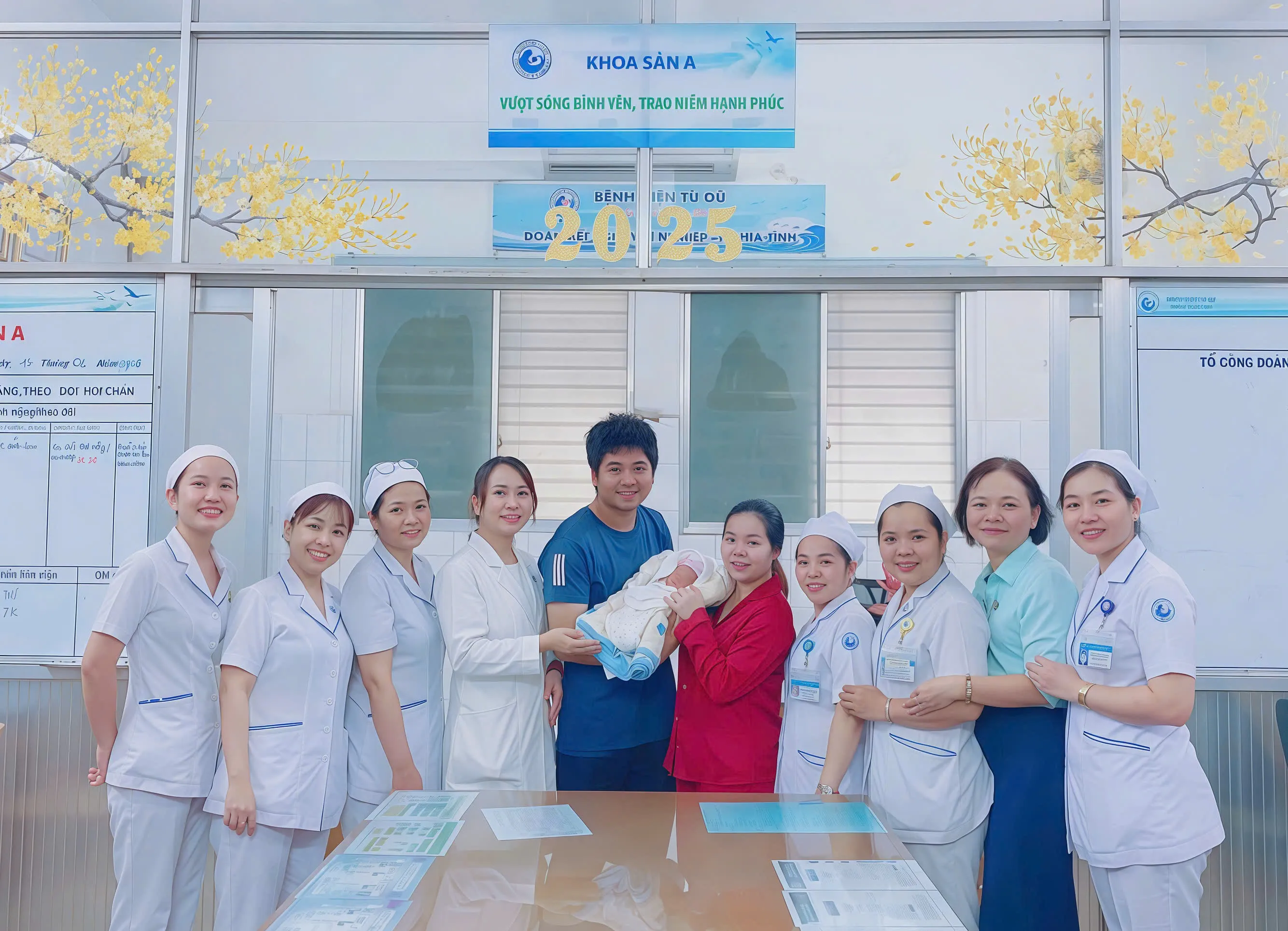 Em bé trong vòng tay gia đình và các y bác sĩ