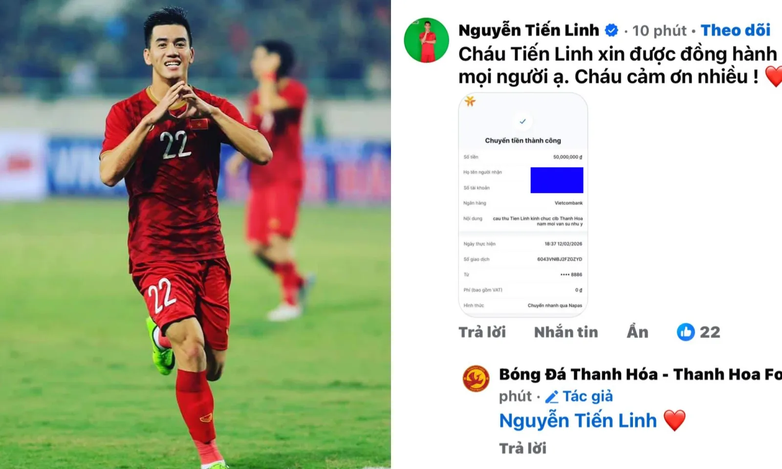 Tiến Linh góp tiền hỗ trợ CLB Thanh Hoá