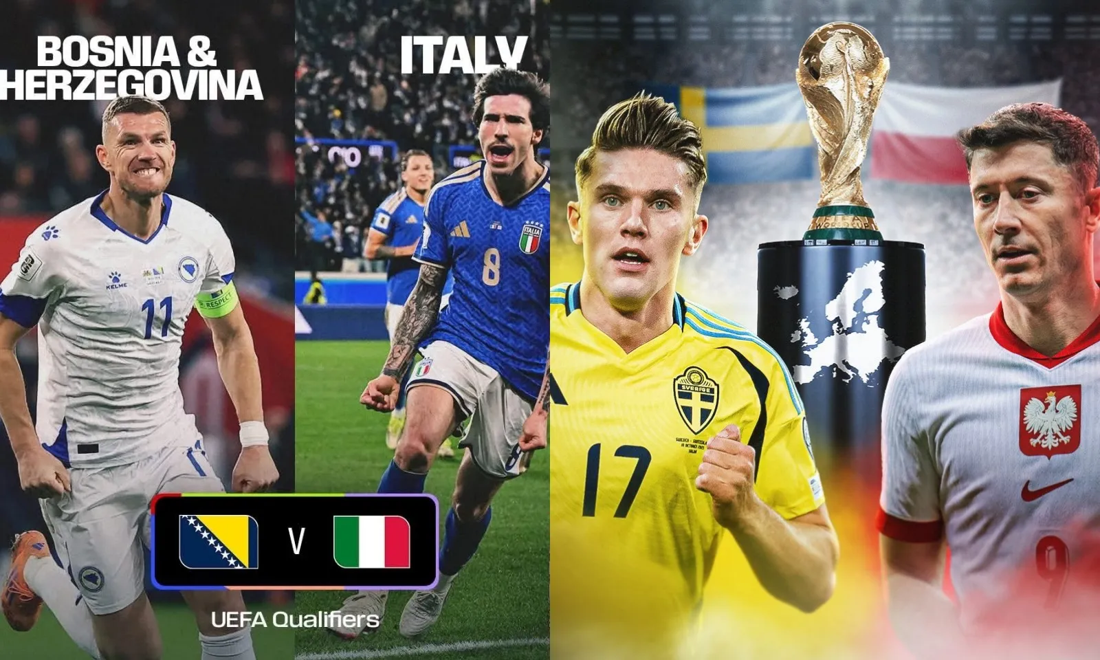 Lịch thi đấu Play-off World Cup 2026 châu Âu: Bosnia và Herzegovina vs Ý | Thụy Điển vs Ba Lan