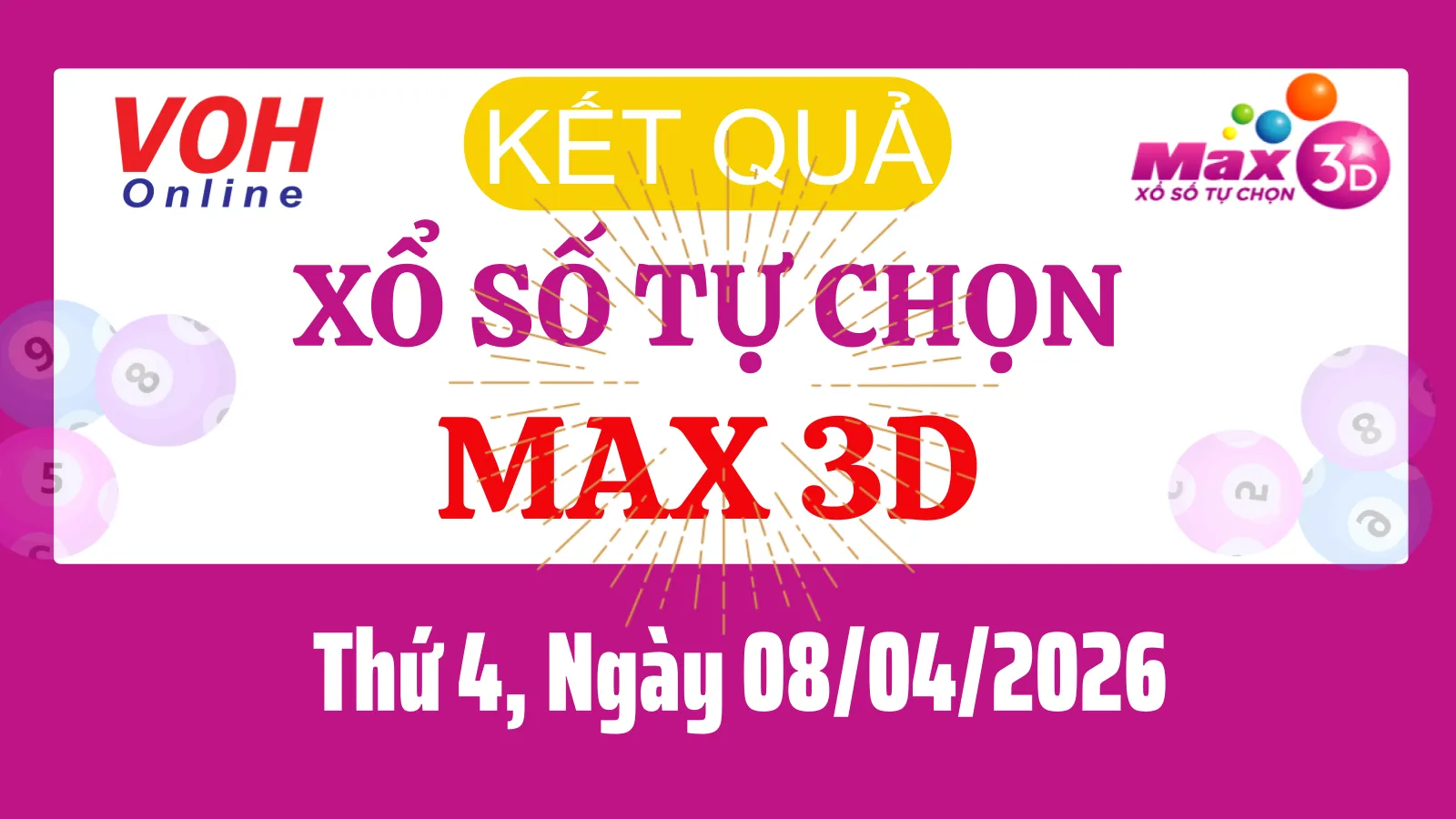Vietlott MAX 3D 08/04 - Kết quả xổ số Vietlott hôm nay Thứ 4 08/04/2026