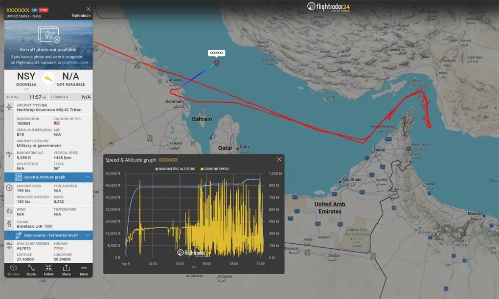 Đường bay của UAV MQ-4C trước khi mất liên lạc. Đồ họa Flightradar24