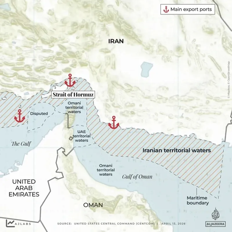 Phạm vi phong tỏa hải quân của Mỹ tại Iran. Khu vực màu cam đánh dấu vùng lãnh hải của Iran bị kiểm soát nghiêm ngặt từ ngày 13-4. Ảnh Al-Jazeera