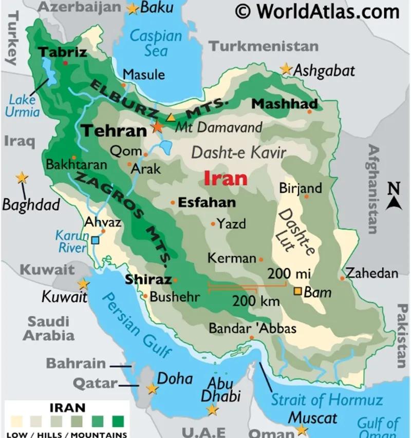 Bản đồ vật lý của Iran. Nguồn worldatlas