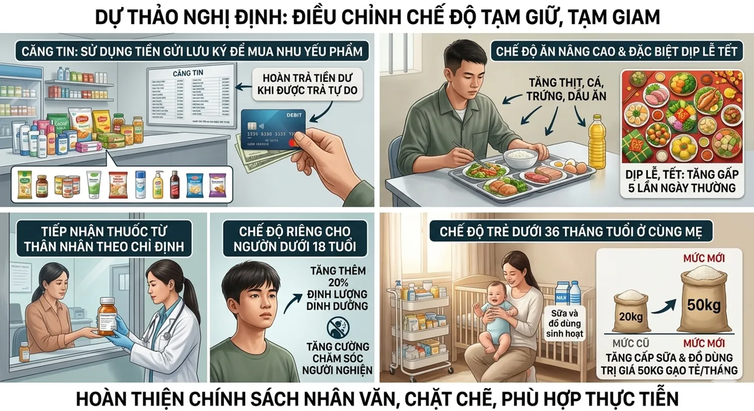 Đề xuất nâng chế độ ăn, mở rộng quyền lợi cho người tạm giữ, tạm giam