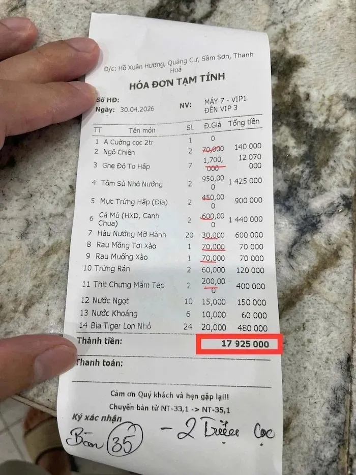 Tờ hoá đơn được lan truyền trên mạng xã hội - Ảnh Công an Thanh Hóa