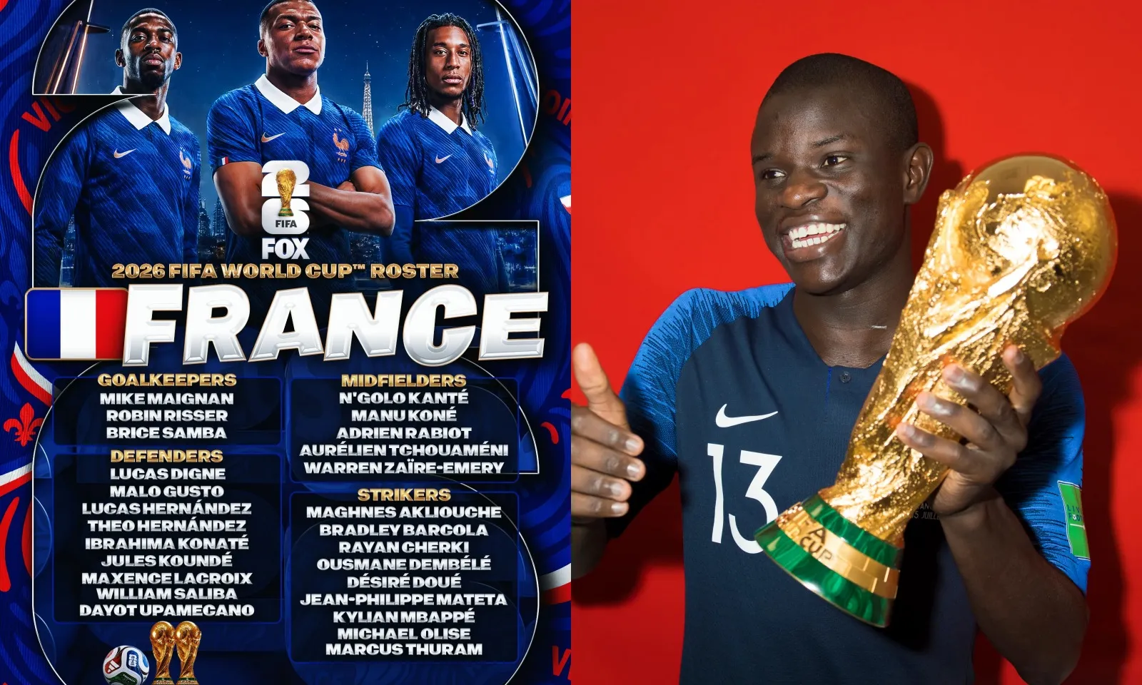 CHÍNH THỨC! Tuyển Pháp công bố danh sách tham dự World Cup 2026: Có Kante | Sao Real Madrid bị loại