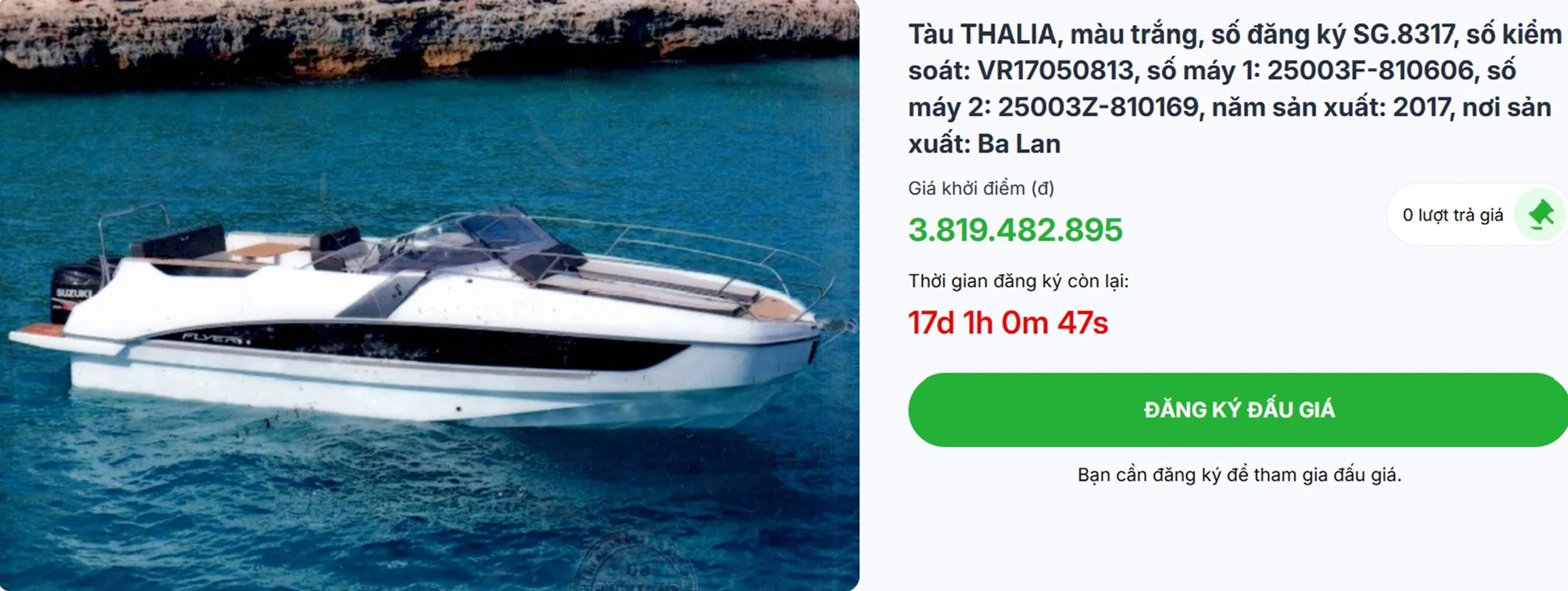 Thông tin của Tàu THALIA được đăng tải trên trang web Trung tâm Dịch vụ Đấu giá tài sản TPHCM