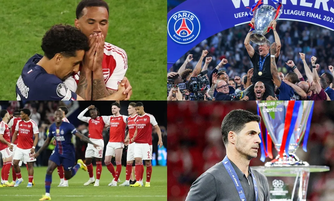 Chùm ảnh Arsenal nhìn PSG đăng quang Champions League: Raya khóc tức tưởi | Đối thủ ôm Magalhaes