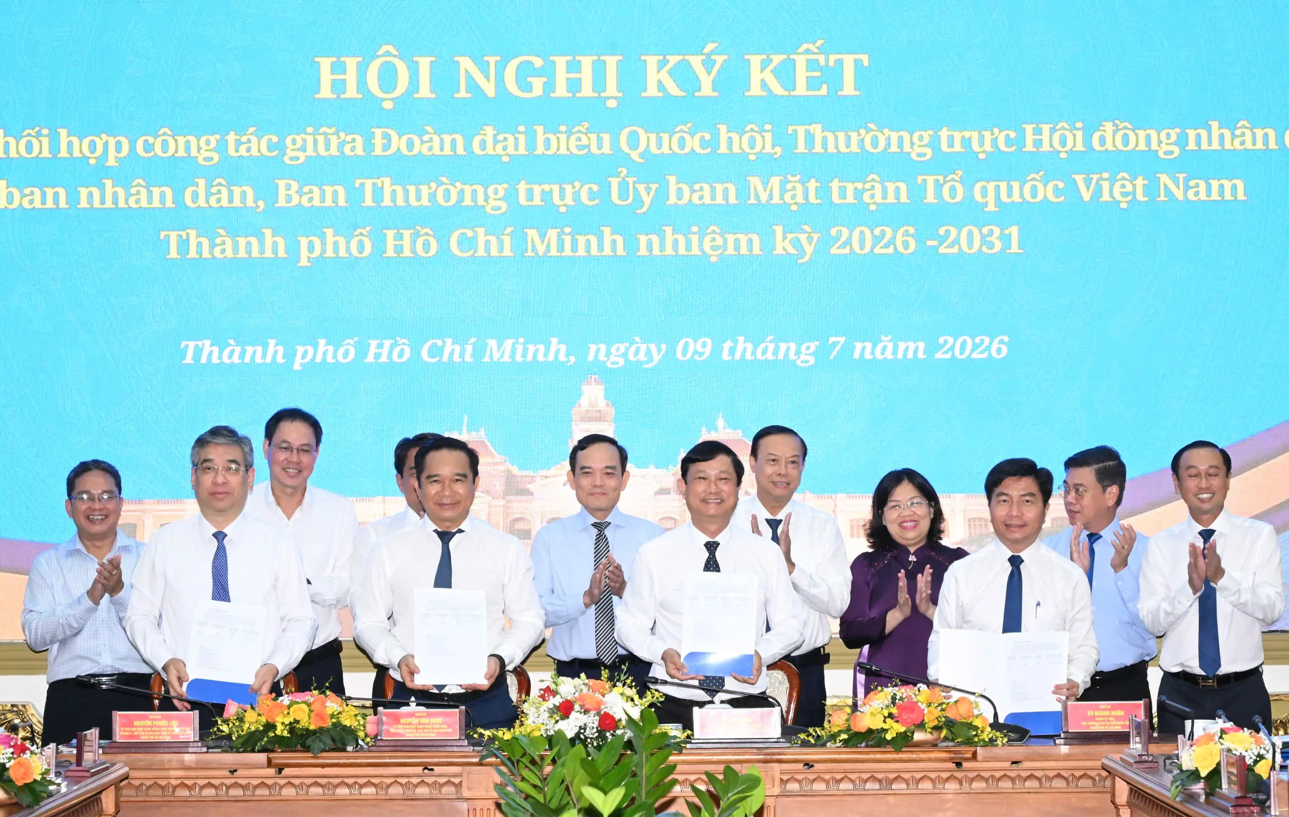 Đoàn ĐBQH, Thường trực HĐND, UBND, Ban Thường trực Ủy ban MTTQ Việt Nam TPHCM tổ chức Hội nghị ký kết Quy chế phối hợp công tác nhiệm kỳ 2026 – 2031. Ảnh: VIỆT DŨNG