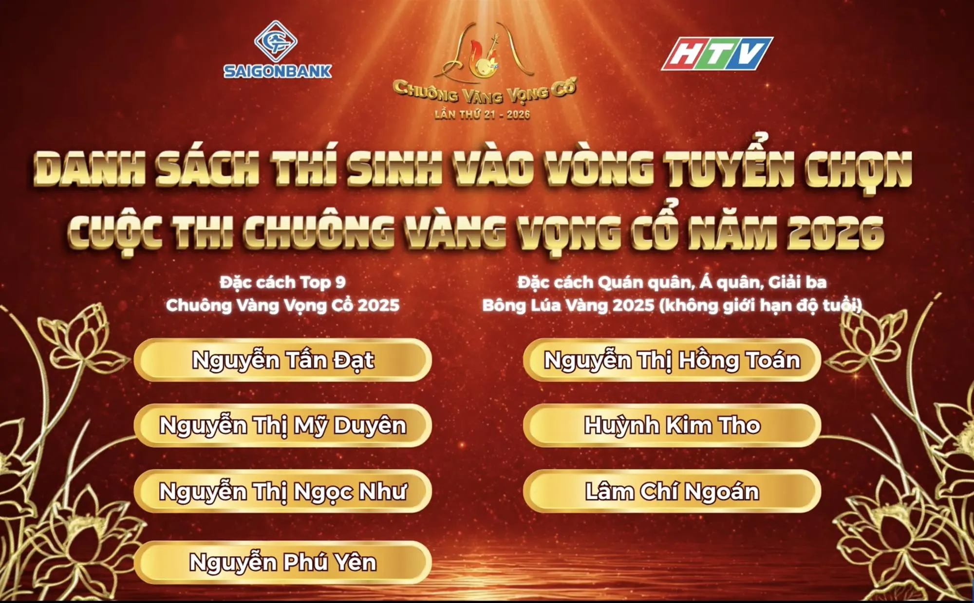 Danh sách 32 thí sinh vào vòng Tuyển chọn Chuông vàng vọng cổ 2026