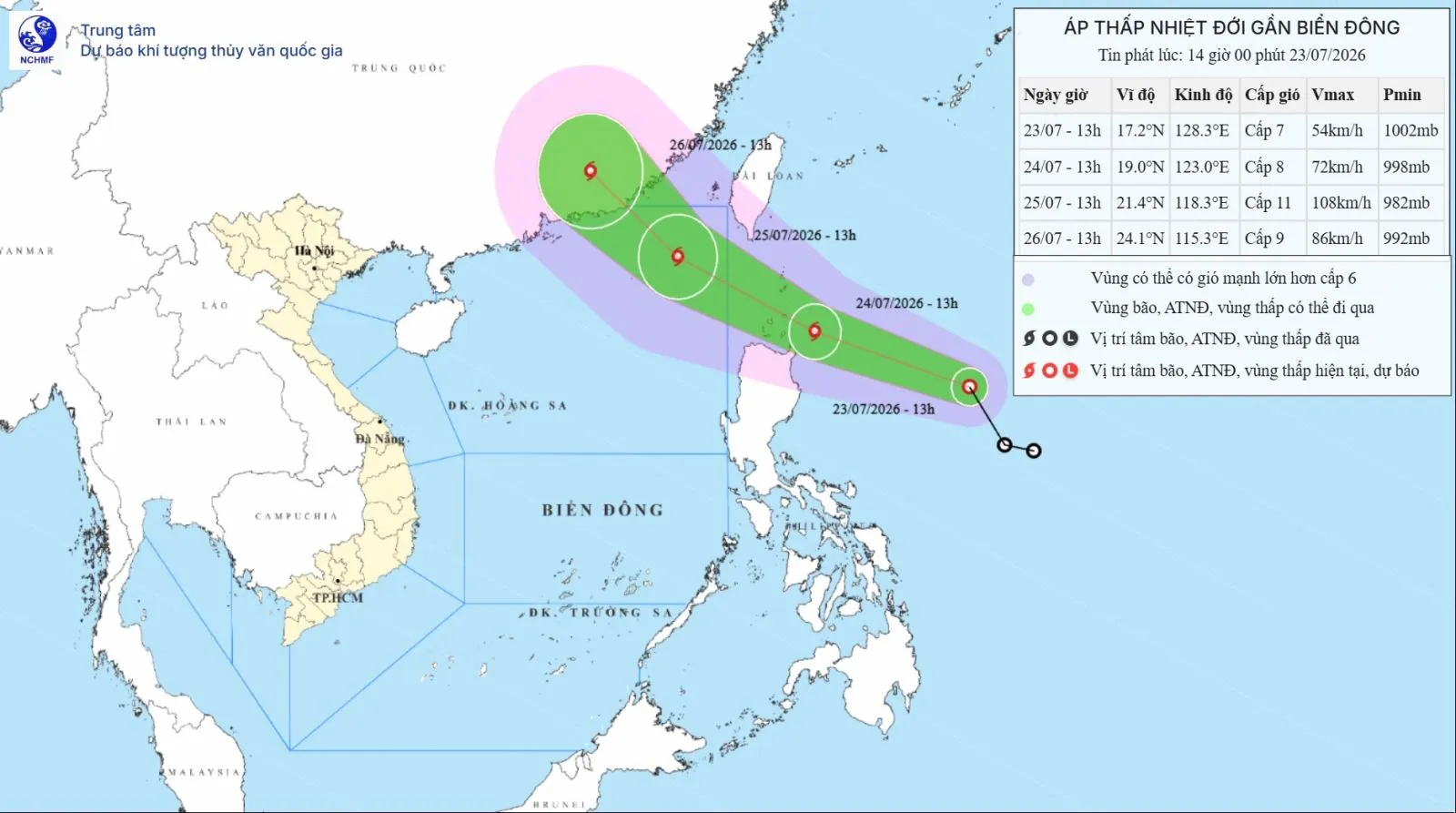 Áp thấp nhiệt đới đổi hướng, tăng cường độ. Ảnh: nchmf.gov.vn
