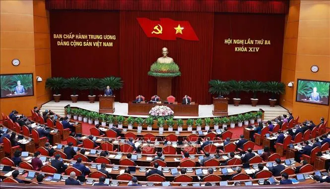 Phiên khai mạc Hội nghị lần thứ ba Ban Chấp hành Trung ương Đảng khoá XIV, sáng 20/7/2026. Ảnh: Dương Giang/TTXVN