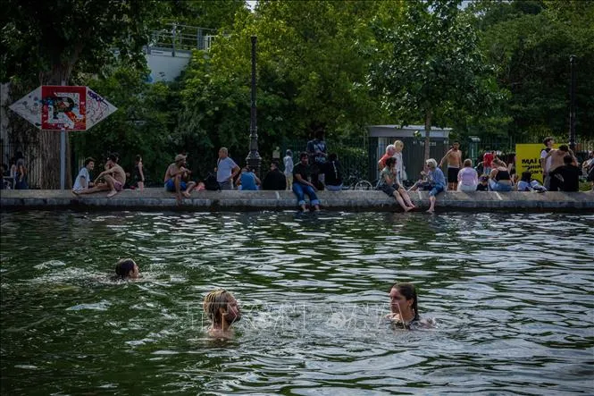 Người dân bơi trên kênh Saint-Martin để giải nhiệt trong đợt nắng nóng tại thủ đô Paris (Pháp). Ảnh: THX/TTXVN phát