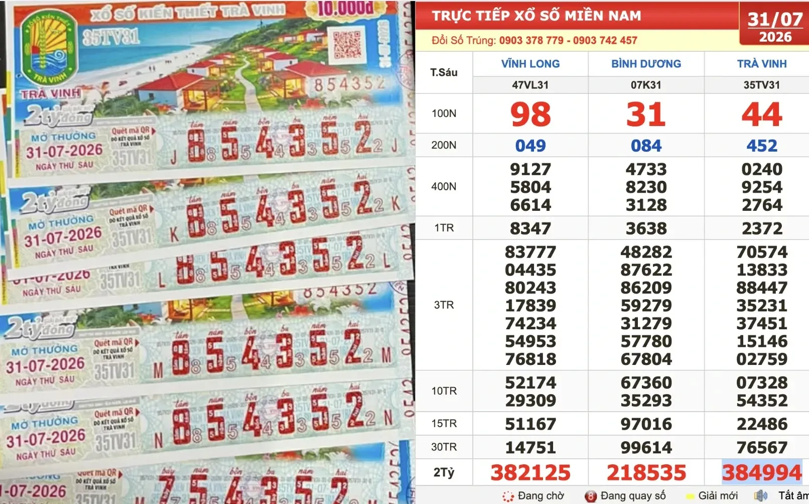 Sau khi có kết quả xổ số miền Nam ngày 31 tháng 7, khách trúng đài Trà Vinh tới đại lý đổi thưởng ngay
