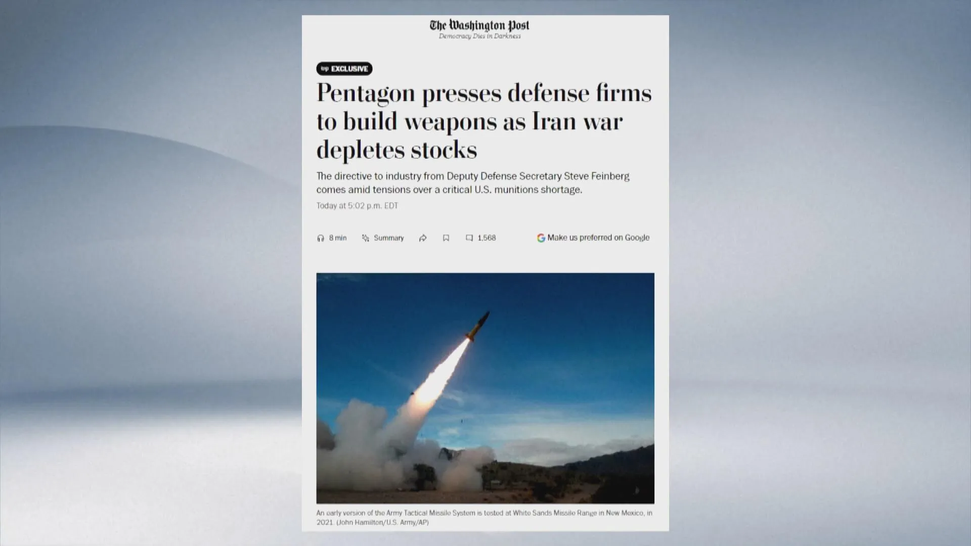 Báo Washington Post cũng dẫn một số nguồn tin cho rằng tình trạng thiếu hụt đạn dược đã khiến Tổng thống Donald Trump không hài lòng với Bộ Quốc phòng Mỹ