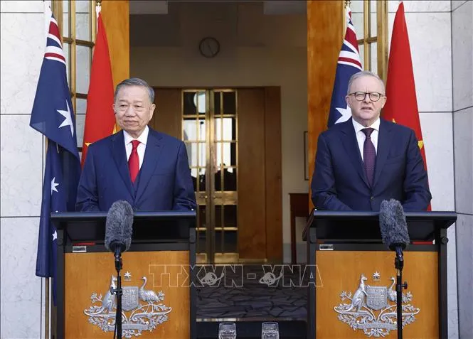 Tổng Bí thư, Chủ tịch nước Tô Lâm và Thủ tướng Australia Anthony Albanese gặp gỡ báo chí (Ảnh: Thống Nhất/TTXVN)