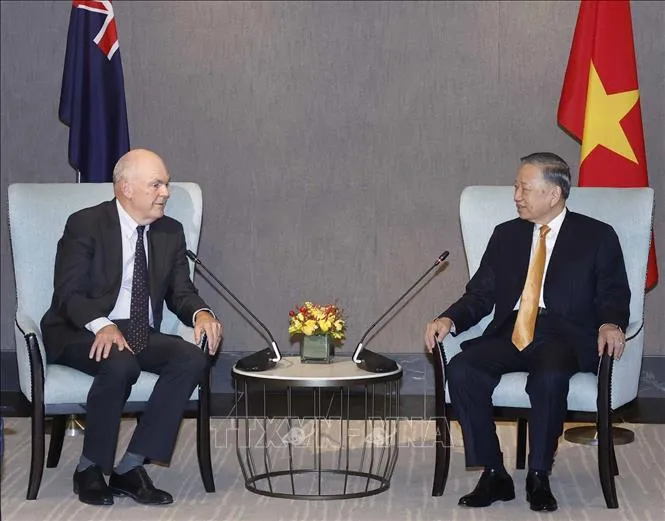 Tổng Bí thư, Chủ tịch nước Tô Lâm và ông Steven Joyce, Quyền Chủ tịch Hội Hữu nghị New Zealand - Việt Nam. Ảnh: Thống Nhất/TTXVN