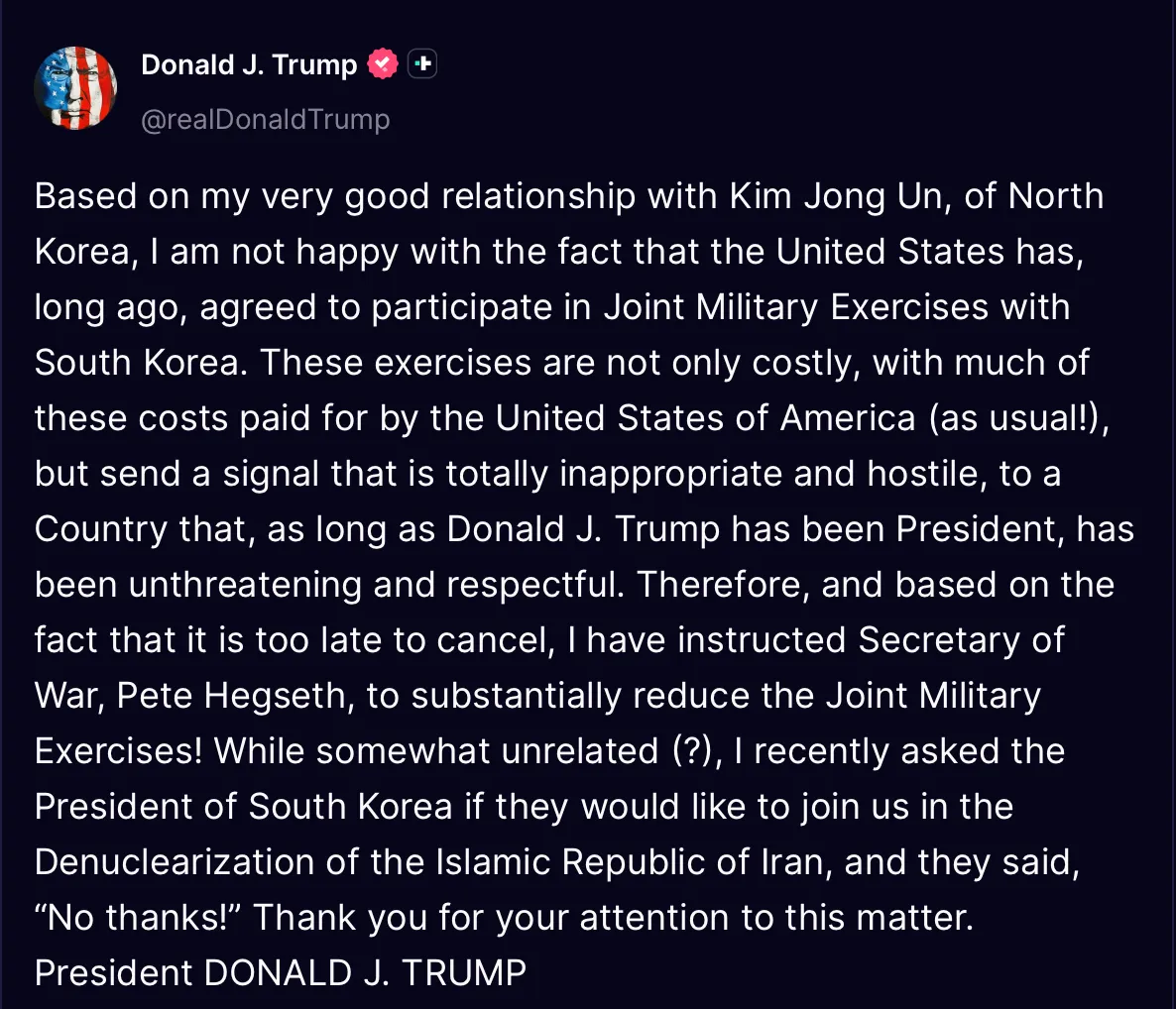 Bài đăng của Tổng thống Donald Trump trên mạng xã hội nói về tập trận với Hàn Quốc. Ảnh chụp màn hình Bài đăng của Tổng thống Donald Trump trên mạng xã hội nói về tập trận với Hàn Quốc. Ảnh chụp màn hình