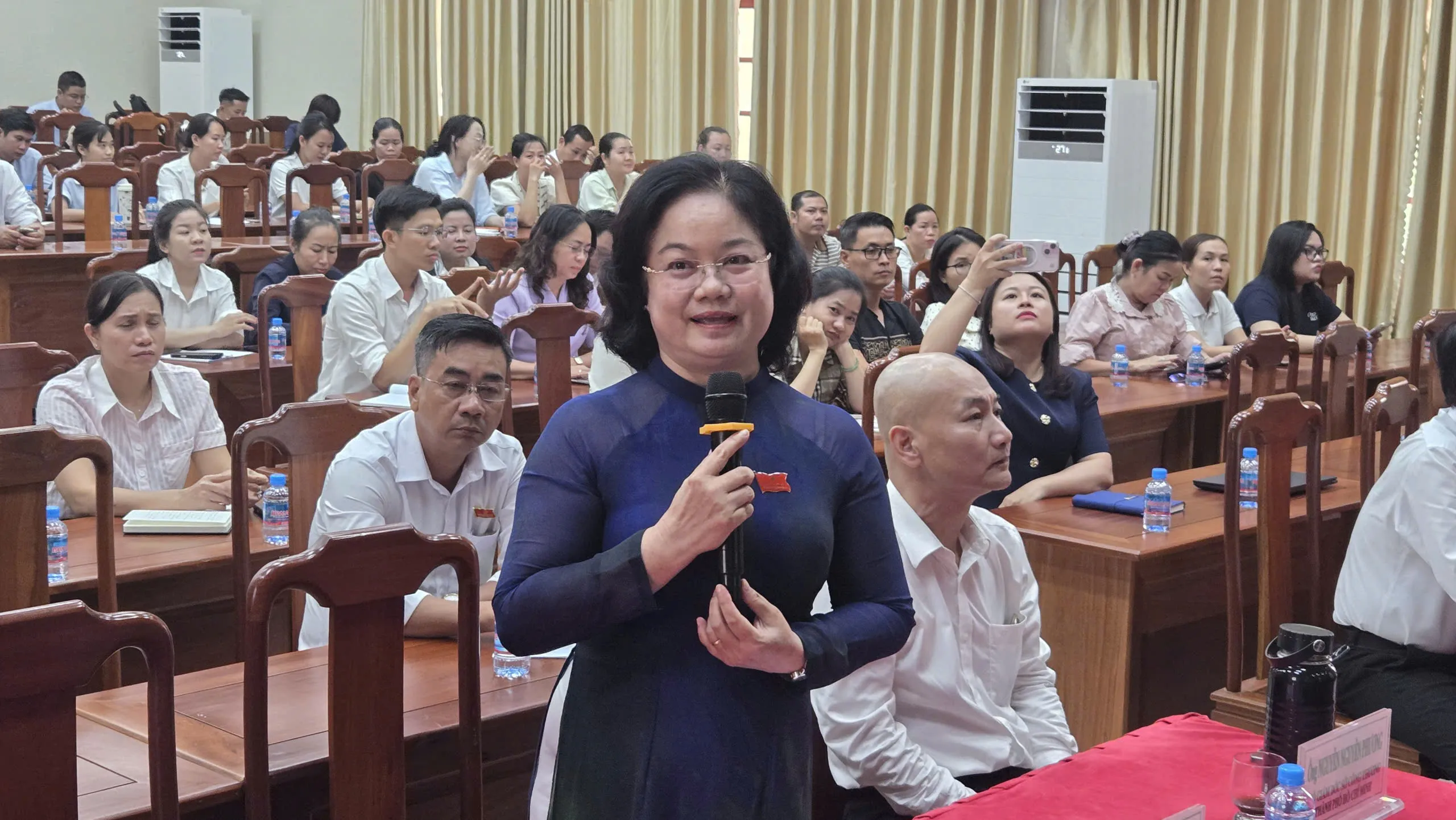 Bà Nguyễn Thị Minh Hằng, Uỷ viên Ban Thường vụ Thành uỷ, Bí thư Đảng uỷ, CT HDND phường Bến Cát chỉ đạo triển khai tick xanh trách nhiệm - Ảnh Bá Nam