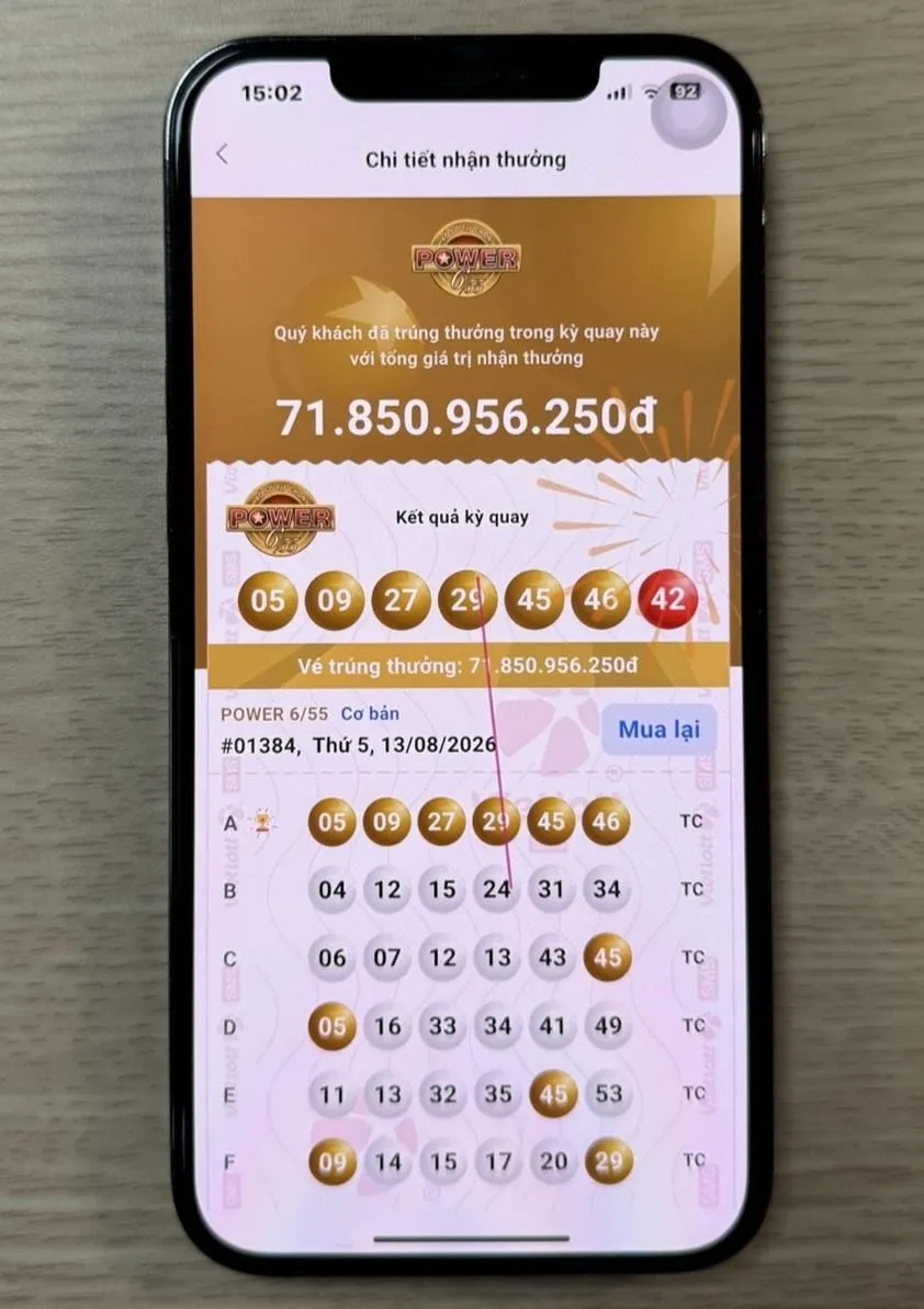 Tấm vé mang về giải Jackpot hơn 71,8 tỉ đồng cho ông H. - Ảnh: TTO