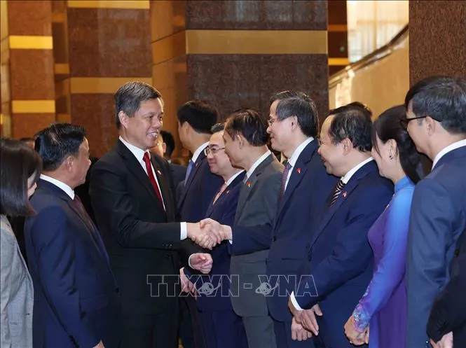 Thường trực Ban Bí thư Trần Cẩm Tú giới thiệu thành viên đoàn cấp cao Việt Nam với Phó Tổng Thư ký Đảng Hành động Nhân dân Singapore, Bộ trưởng Bộ Quốc phòng kiêm Bộ trưởng Điều phối dịch vụ công Chan Chun Sing (Ảnh: Phương Hoa/TTXVN)