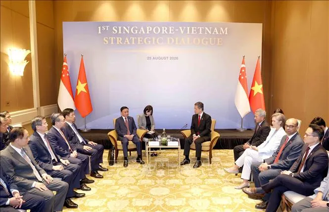 Phó Tổng Thư ký Đảng Hành động Nhân dân Singapore, Bộ trưởng Bộ Quốc phòng kiêm Bộ trưởng Điều phối dịch vụ công Chan Chun Sing chủ trì Lễ đón chính thức Ủy viên Bộ Chính trị, Thường trực Ban Bí thư Trần Cẩm Tú và đoàn cấp cao Đảng Cộng sản Việt Nam (Ảnh: Phương Hoa/TTXVN)