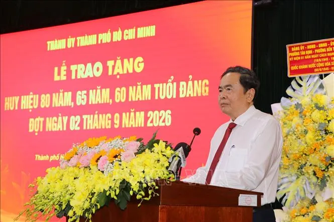 Chủ tịch Quốc hội Trần Thanh Mẫn phát biểu tại lễ trao tặng Huy hiệu Đảng đợt 2/9/2026.